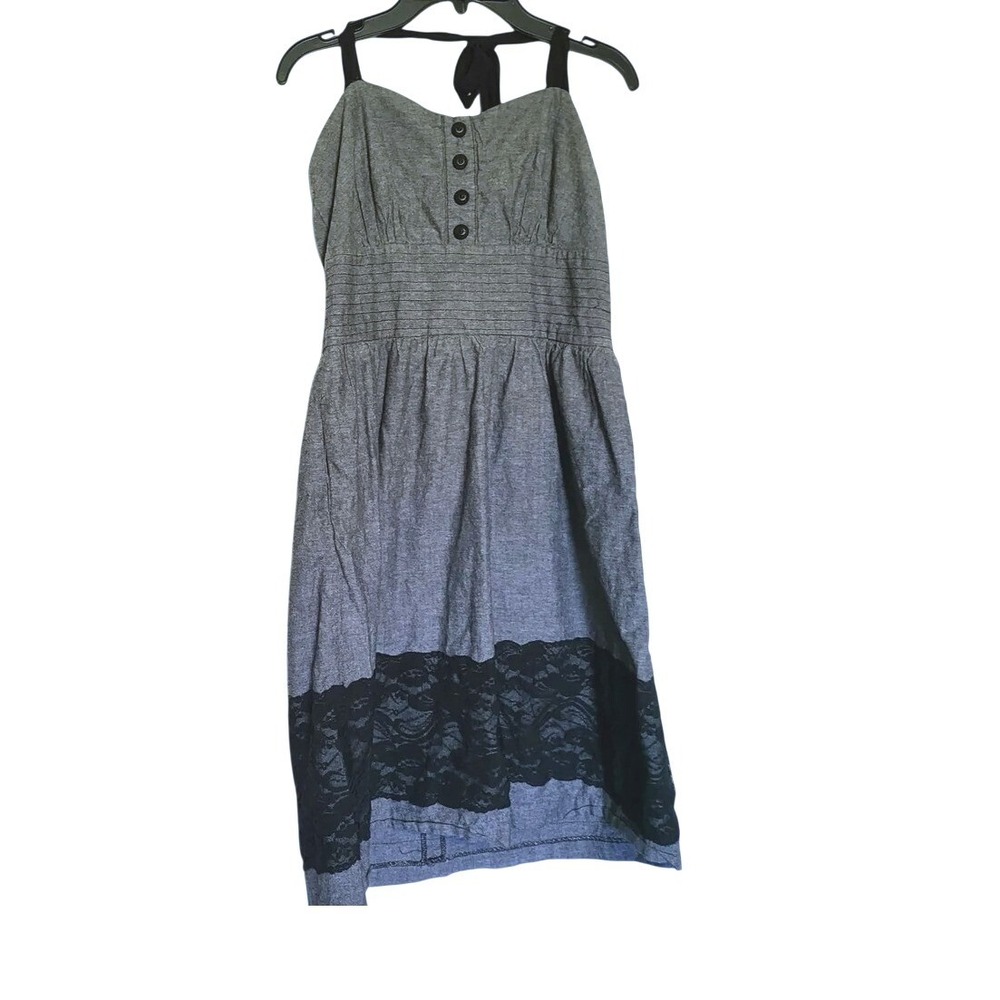 Maurices Women Grey Lace Hem Pockets Empire Waist Retro Cottage Halter Dress 7/8